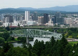 view of urban neighborhood with nuildings and tress in Portland, Oregon