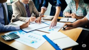 professionals discussing budget with graphs and spreadsheets on a conference table