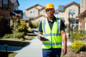 man wearing safety vest and helmet holding a clipboard walking through Boise community for inspection