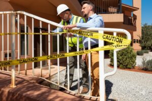 maintenance and inspection officers mark a loose metal railing on a concrete staircase wrapped with yellow caution tape, showing rust and visible cracks