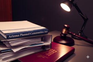 a desk with books on Arizona housing and HOA rules