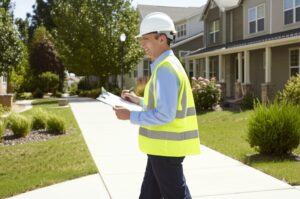 professional community inspector doing rounds in neighborhood