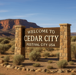 welcome sign for Cedar City 