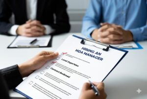 professionals discussing a checklist when hiring an HOA management partner