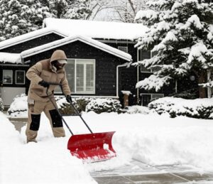 A Colorado Springs hoa management worker is actively removing snow from property with a snow plow, clearing the driveway
