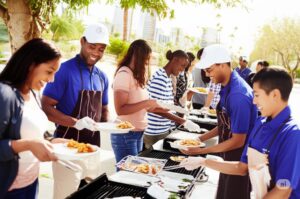 residents enjoying a potluck lunch at a public park held by HOA management company in Mesquite