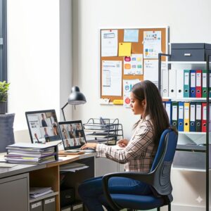 hoa management company employee working on administrative task for clients