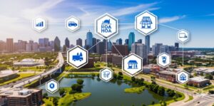 City skyline with digital icons representing onboarding process