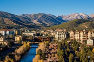 scenic view of Durango, Colorado with mountain homes, the Animas River, and the San Juan Mountains in the background