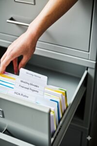 filing cabinet drawer filled with neatly organized folders containing hoa files