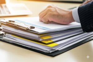 community records on a desk in office being maintained by employee