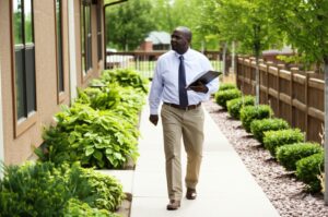 hoa manager doing inspection rounds in a neighborhood