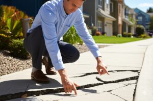 a person crouched down near on a sidewalk pointing out the cracks
