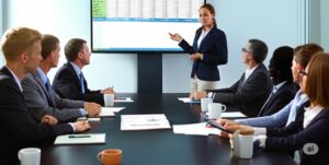 group of professionals having a meeting at an office setting with charts excel sheets being discussed