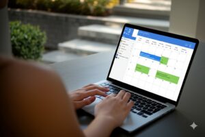 a person updating a digital calendar displayed on a laptop, with several meeting appointments clearly highlighted in blue and green
