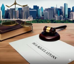 dallas hoa regulations document on the table along with a gavel and the scales of justice while skyline is in the background