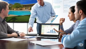 group of professionals at a meeting about financial status and reports