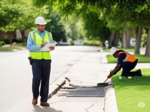 maintenance officers keeping a checklist and working on a cracked sidewalk