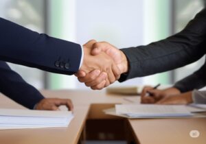 two professionals shaking hands at an onboarding meeting with HOA management company in Mesquite