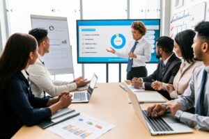 a professional presenting data in graphic presentations to a panel