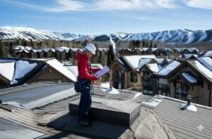 roofing contractor doing inspections during snowy morning