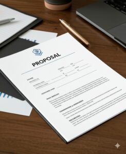 proposal paperwork between hoa management company and board members on an office desk
