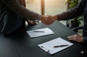 representatives from both HOA management company and local committee shake hands over agreement of services