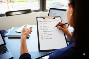 Professional reviewing a pros and cons list for hiring an HOA management company in Denver