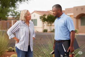 resident talking to a maintenance officer sent by HOA management company in Mesquite