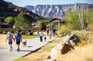 community park at sunny St George, Utah with residents enjoying a walk