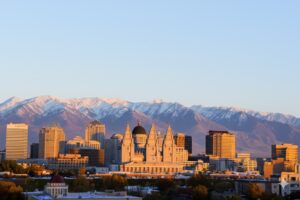 view of Salt Lake City skyline with mountains behind and urban living environment