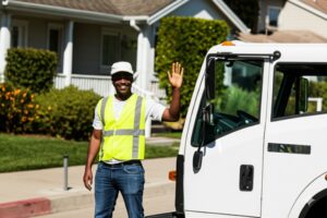 garbage collector waiving to homeowner in san diego