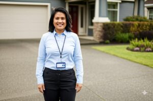 hoa management company representative posing in front of home after inspection