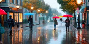 Rainy Seattle street with pedestrians and umbrellas, representing the urban setting of Seattle HOA management
