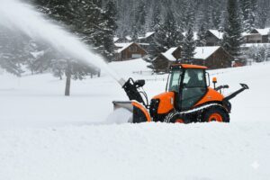 a snowplow clearing a snow-covered road in Durango, Colorado, with a worker in winter gear.
