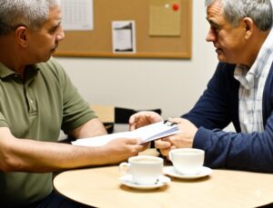 Two board members talking over coffee in a community meeting room about hiring requirements