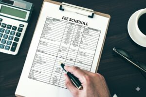 flat lay of organized financial documents, fee schedules, and contracts on a clean desk
