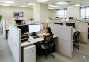 employees doing administrative tasks and customer service at an office setting