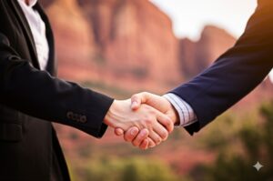 representative from community board and St George HOA Management company shaking hands