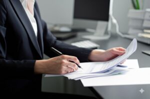 a professional reviewing a pile of documents meticulously