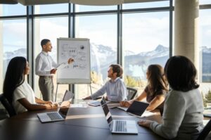 a group of professionals in an office setting with mountain views conducting a meeting
