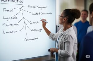 business person writing HOA priorities on a whiteboard